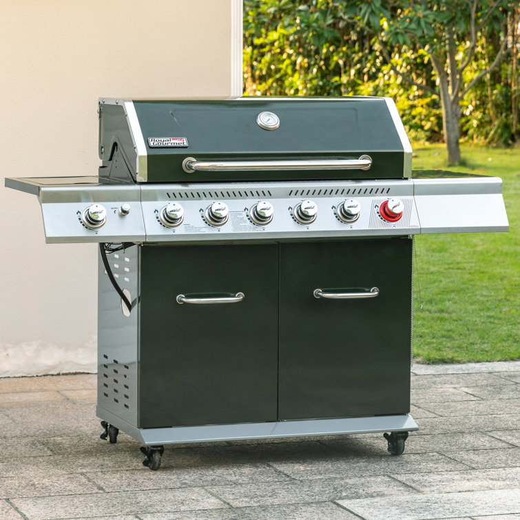 Olive Green Stainless Steel 6-Burner Propane Gas Grill with Side Burner