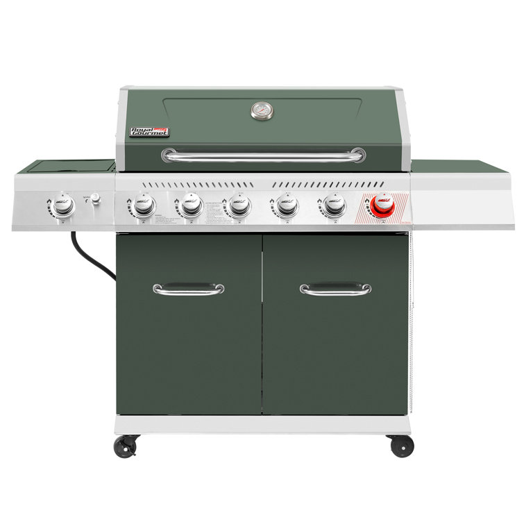 Olive Green Stainless Steel 6-Burner Propane Gas Grill with Side Burner