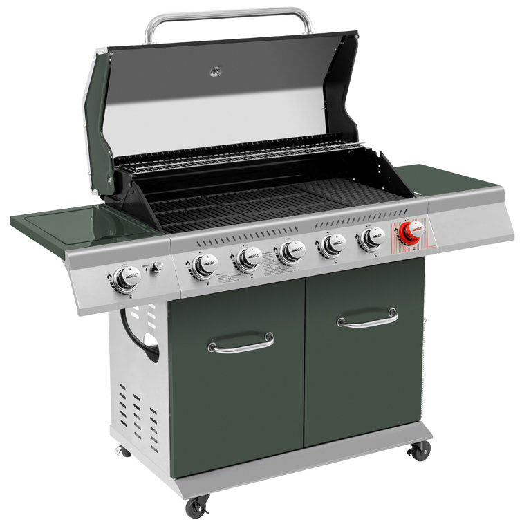 Olive Green Stainless Steel 6-Burner Propane Gas Grill with Side Burner