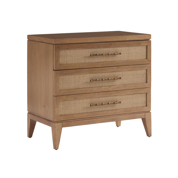 Light Brown Alder Veneer 3-Drawer Nightstand with Raffia Panels