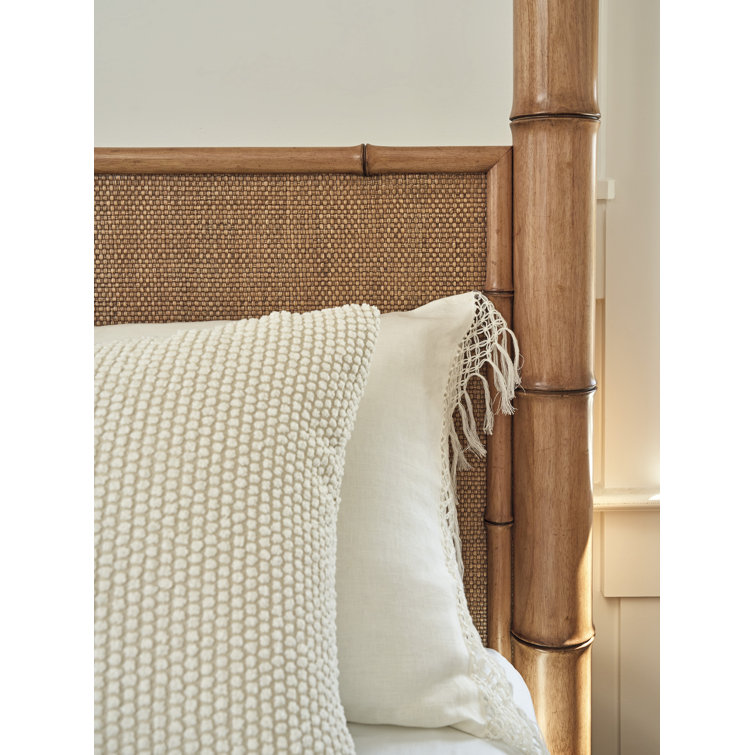 Queen Size Natural Wood Canopy Bed with Rattan Headboard