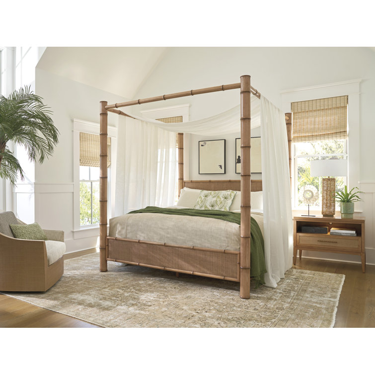Queen Size Natural Wood Canopy Bed with Rattan Headboard