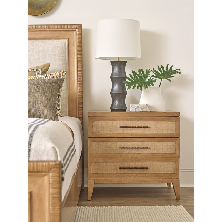 Light Brown Alder Veneer 3-Drawer Nightstand with Raffia Panels