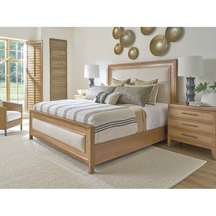 Light Brown Alder Veneer 3-Drawer Nightstand with Raffia Panels