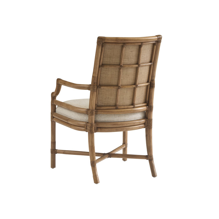 Beige Leather-Wrapped Rattan Arm Chair with Raffia Accents