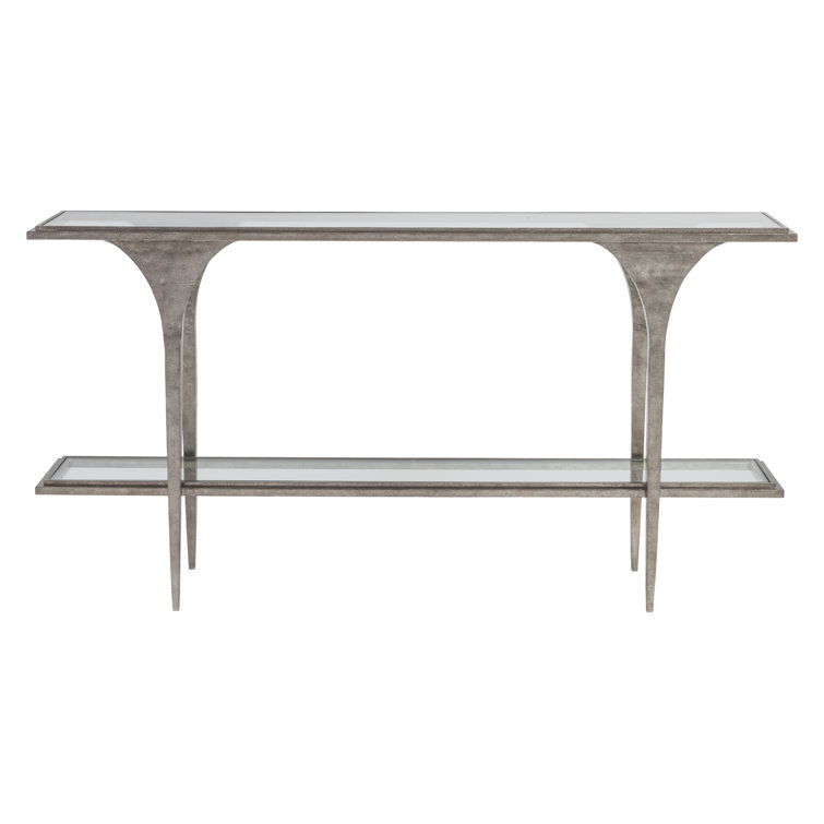 Silver Leaf Hammered Metal Console Table with Glass Shelves
