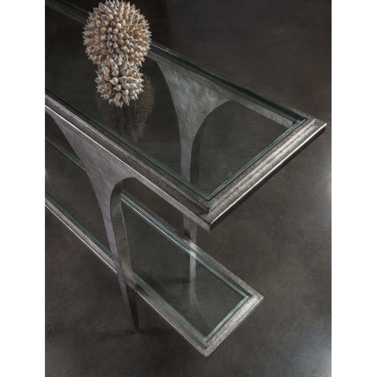 Silver Leaf Hammered Metal Console Table with Glass Shelves