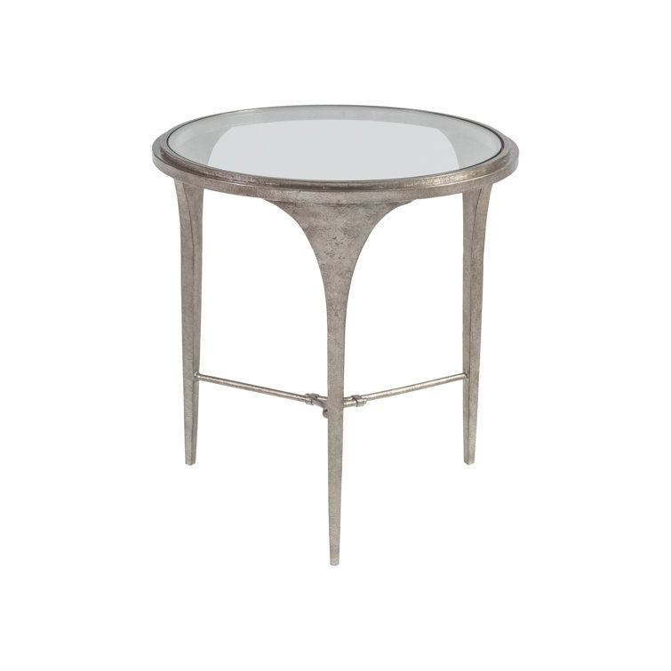 Porto Silver Leaf Round Metal and Glass End Table