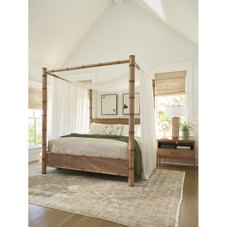 Queen Size Natural Wood Canopy Bed with Rattan Headboard