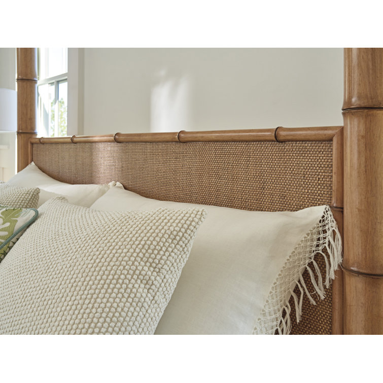 Queen Size Natural Wood Canopy Bed with Rattan Headboard