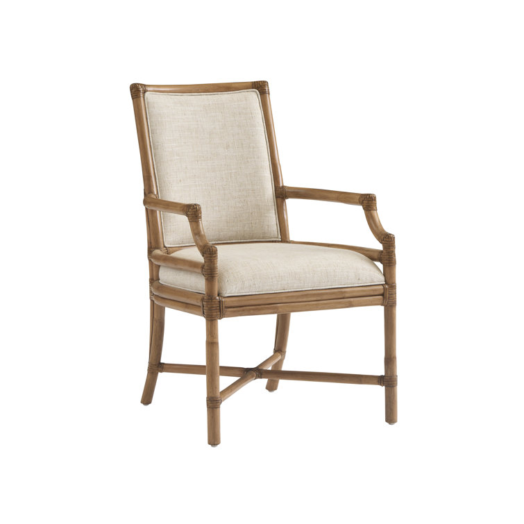 Beige Leather-Wrapped Rattan Arm Chair with Raffia Accents