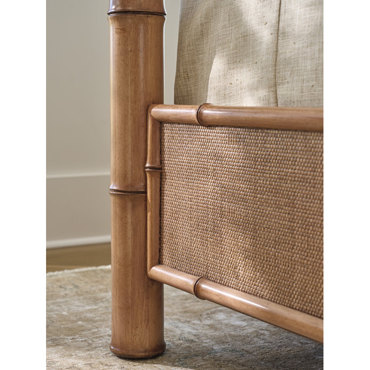 Queen Size Natural Wood Canopy Bed with Rattan Headboard