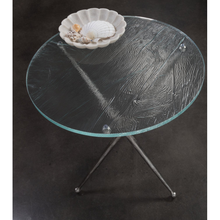 Antique Silver Leaf Round Metal End Table with Glass Top
