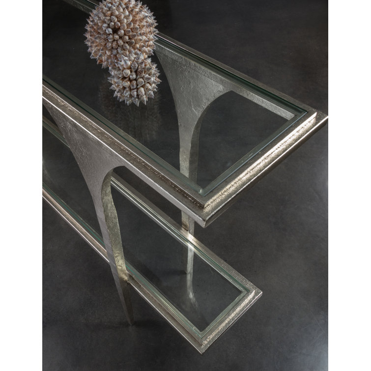 Champagne Hand-Forged Iron Console Table with Glass Shelves