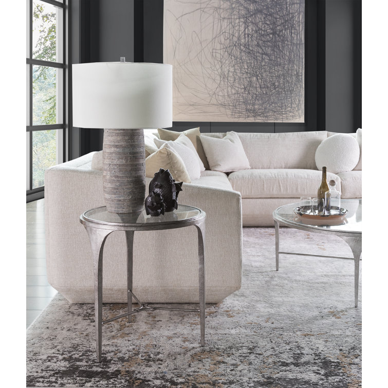 Champagne Silver Round Metal and Glass End Table