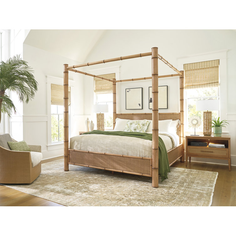 Queen Size Natural Wood Canopy Bed with Rattan Headboard