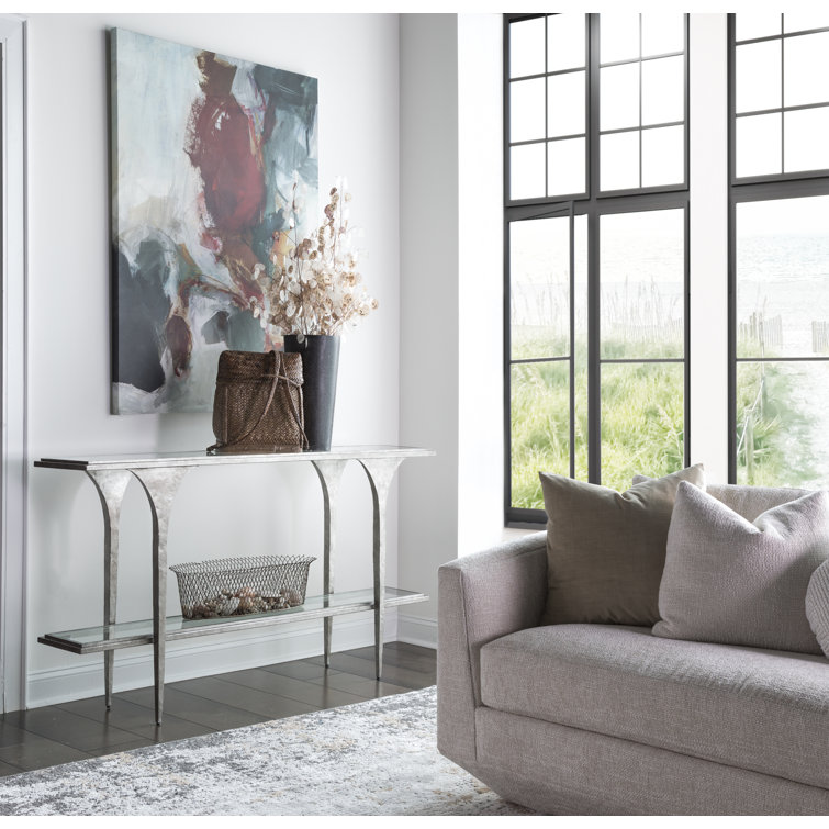 Silver Leaf Hammered Metal Console Table with Glass Shelves
