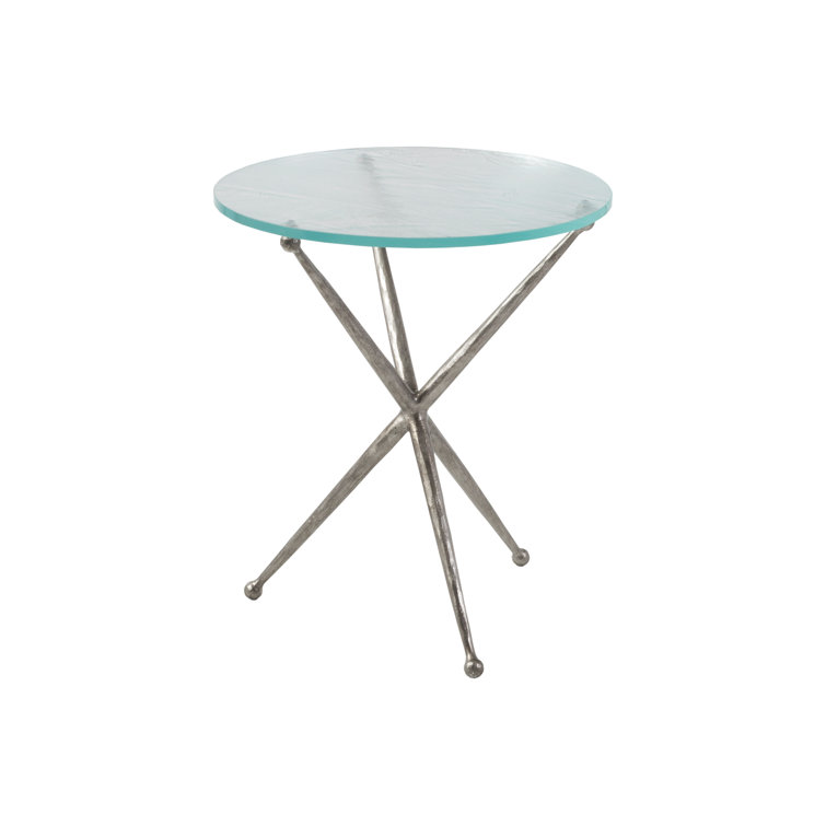 Antique Silver Leaf Round Metal End Table with Glass Top