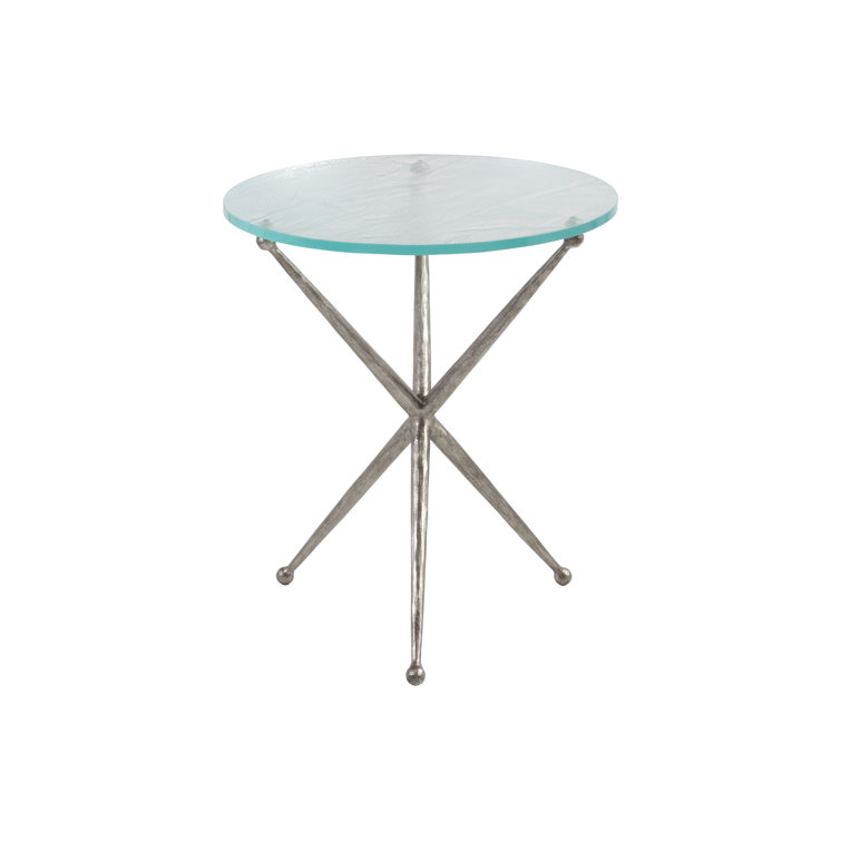 Antique Silver Leaf Round Metal End Table with Glass Top