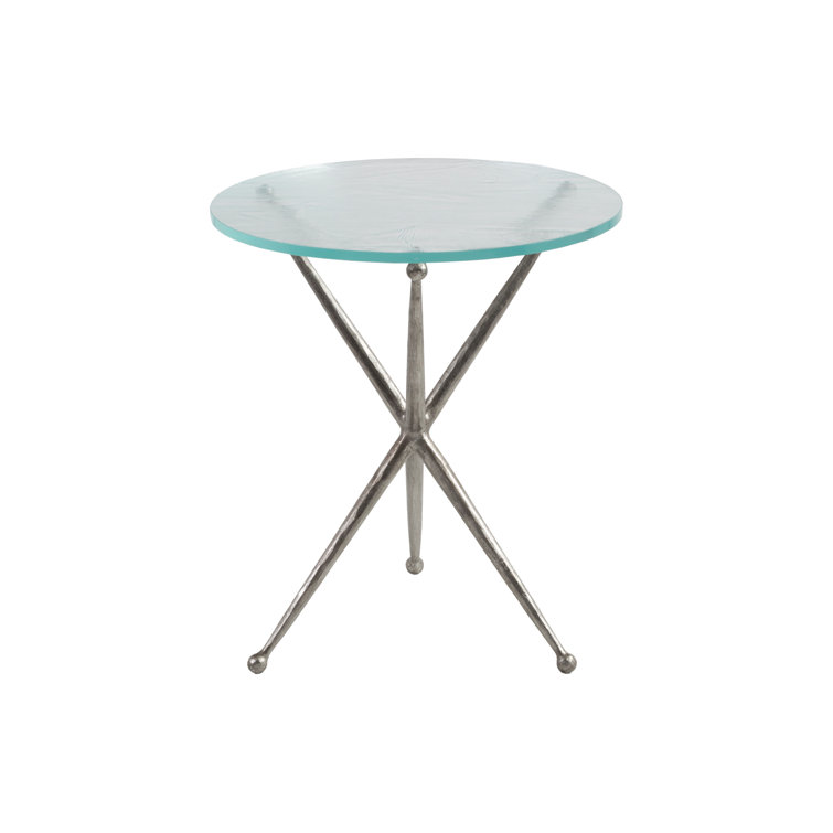 Antique Silver Leaf Round Metal End Table with Glass Top