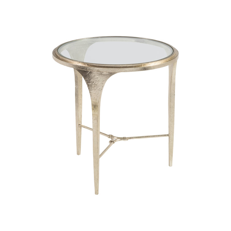 Champagne Silver Round Metal and Glass End Table