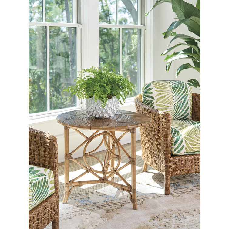 Round Light Brown Bamboo Veneer Drop-Leaf Accent Table