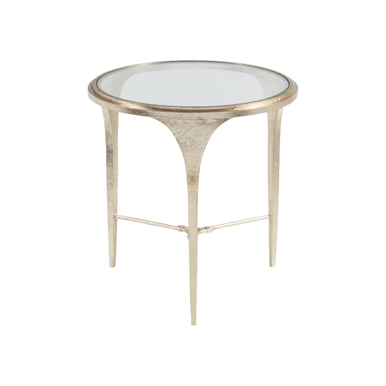 Champagne Silver Round Metal and Glass End Table