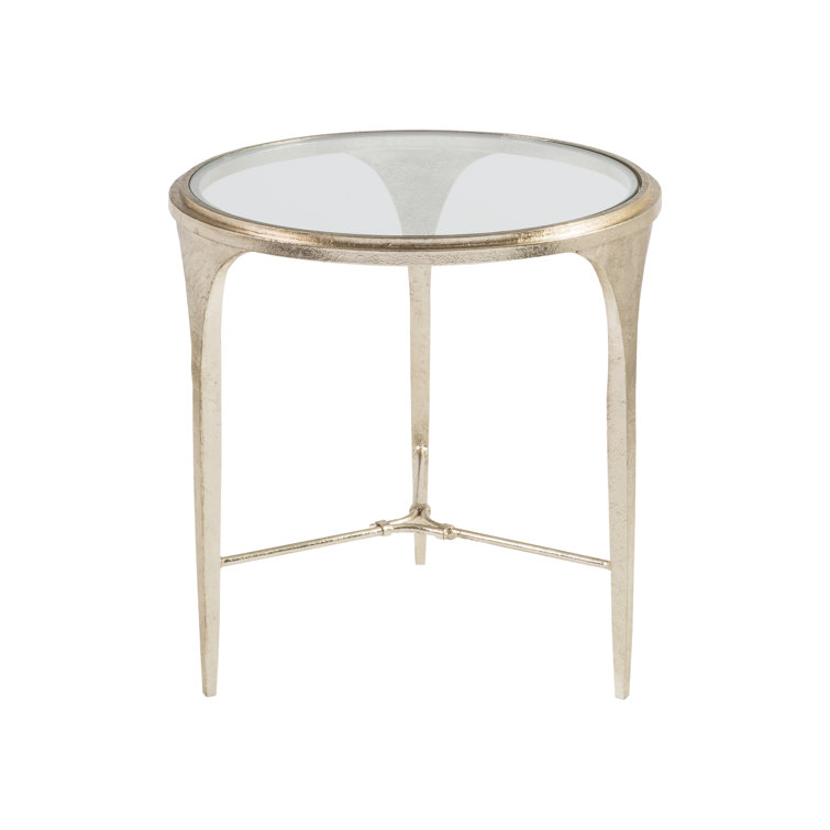 Champagne Silver Round Metal and Glass End Table