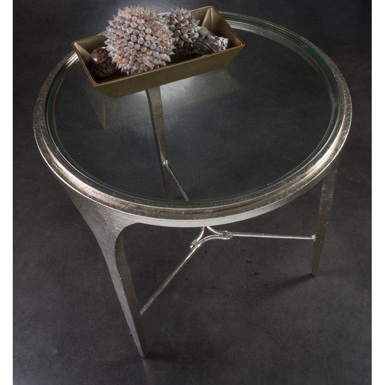 Champagne Silver Round Metal and Glass End Table