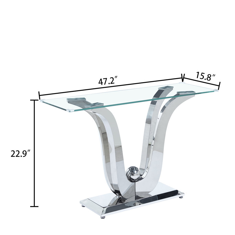 Silver Glass Console Table with Mirror Finish Stainless Steel Base