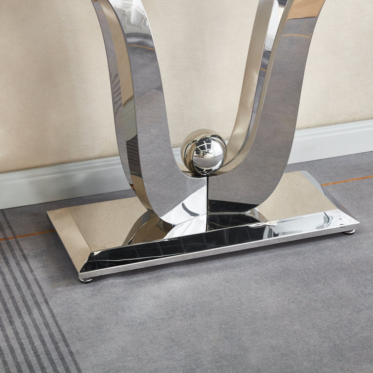 Silver Glass Console Table with Mirror Finish Stainless Steel Base