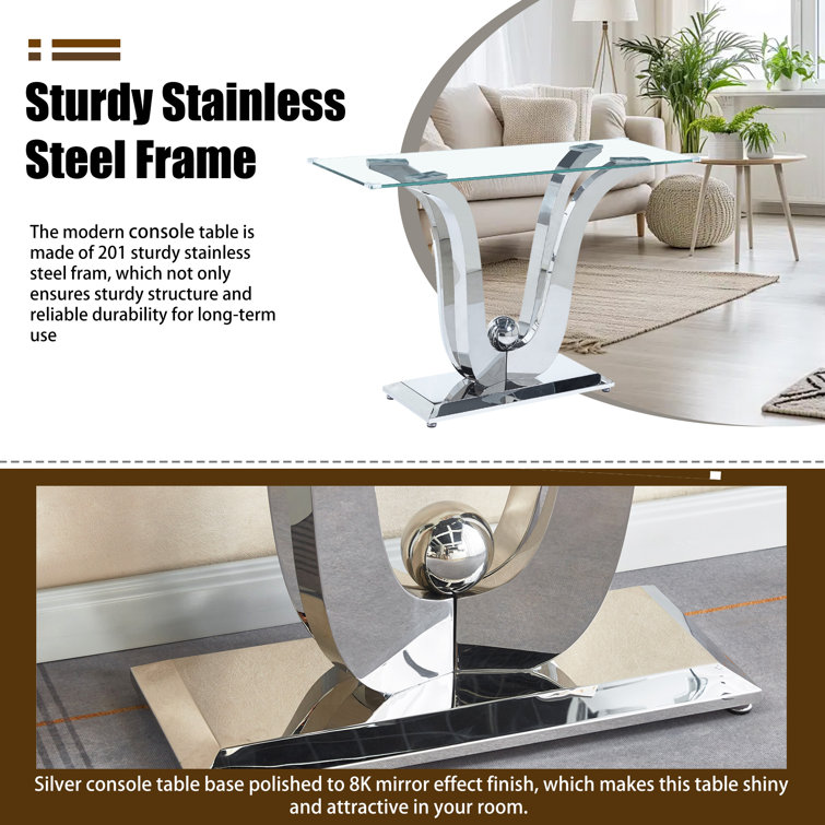 Silver Glass Console Table with Mirror Finish Stainless Steel Base