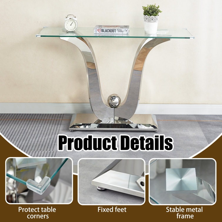Silver Glass Console Table with Mirror Finish Stainless Steel Base