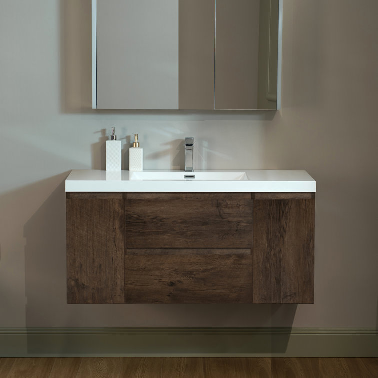 47" Rose Wood Floating Vanity with White Resin Top
