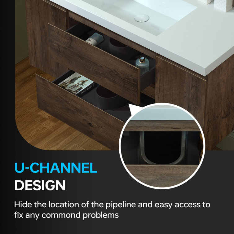 47" Rose Wood Floating Vanity with White Resin Top