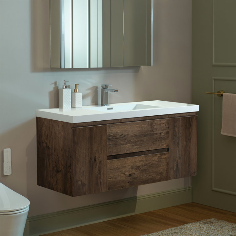 47" Rose Wood Floating Vanity with White Resin Top