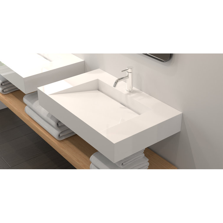 Gloss White Polymarble Rectangular Wall Mount Bathroom Sink
