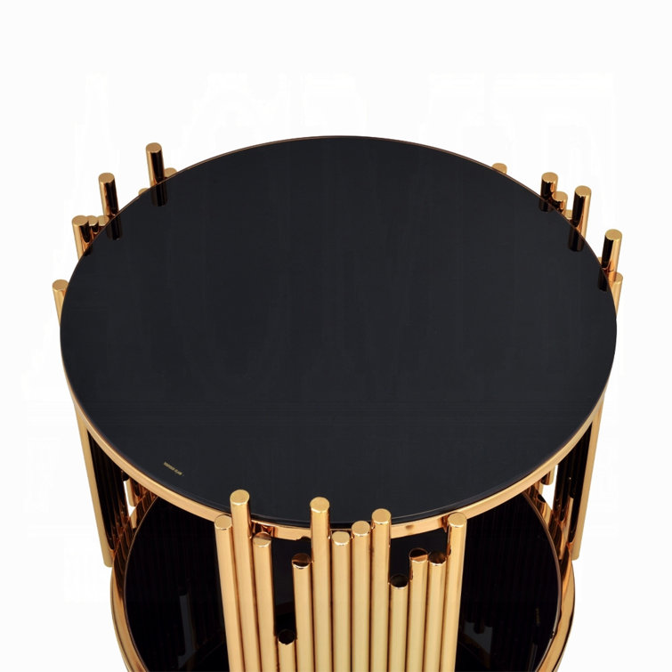 Tanquin 25" Round Black Glass & Gold Metal End Table