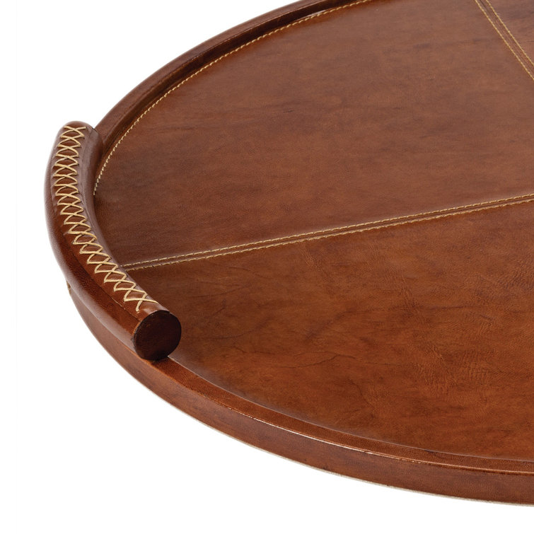Large Round Tan Leather Tray with Stitched Handles