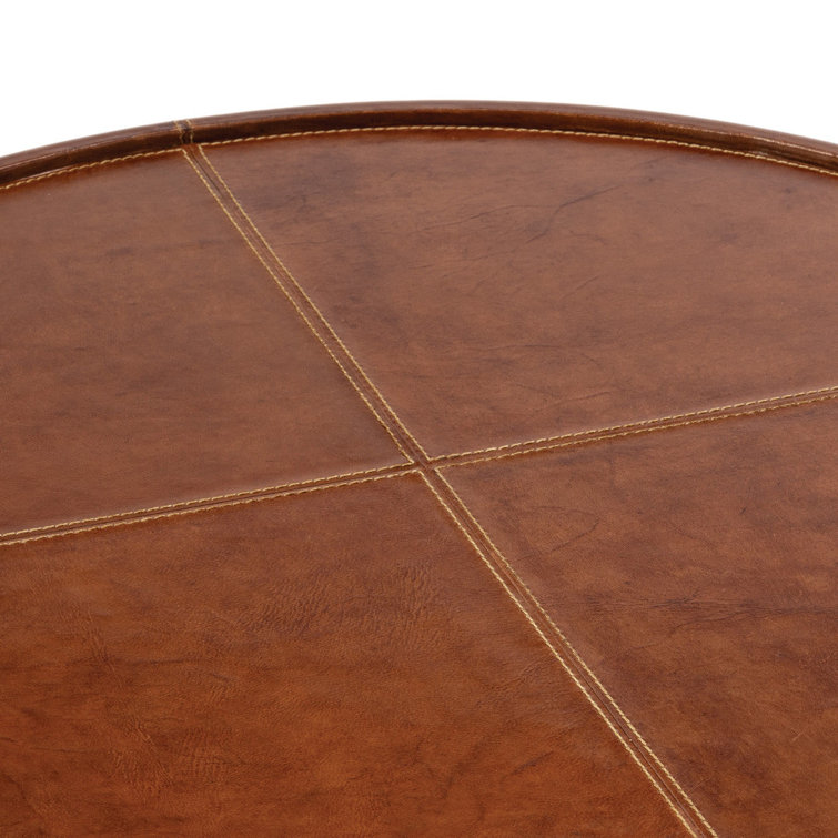 Large Round Tan Leather Tray with Stitched Handles