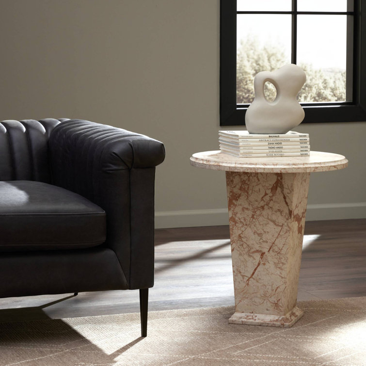 Desert Taupe Marble and Wood Round Side Table