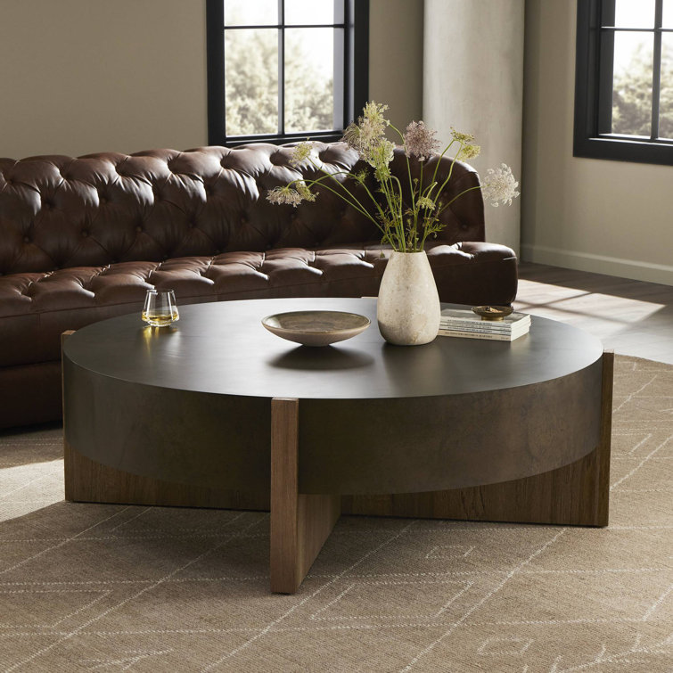 Large Round Distressed Iron and Oak Coffee Table with Storage