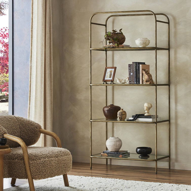 Hammered Aged Brass Metal Bookcase with Tempered Glass Shelves
