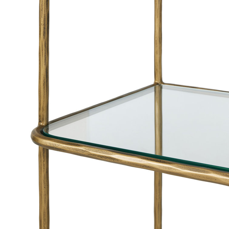 Hammered Aged Brass Metal Bookcase with Tempered Glass Shelves