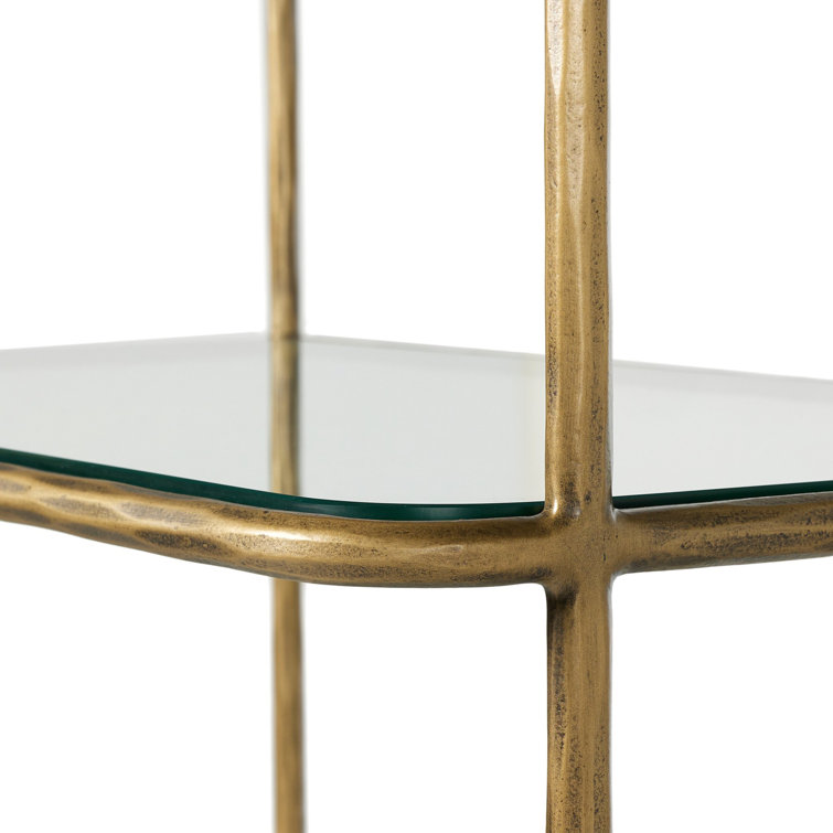 Hammered Aged Brass Metal Bookcase with Tempered Glass Shelves