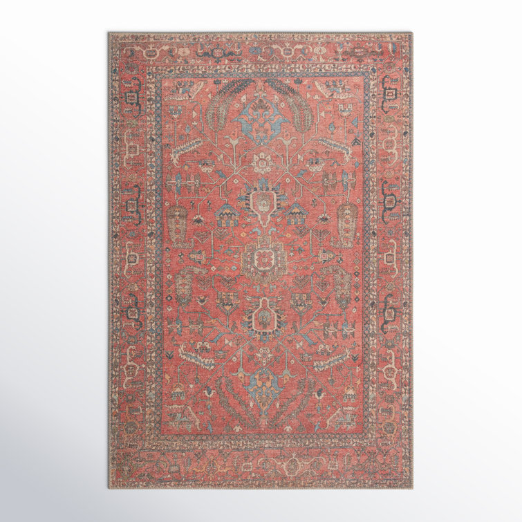 Machine Washable Red Oriental Cotton Synthetic Area Rug 6' x 9'