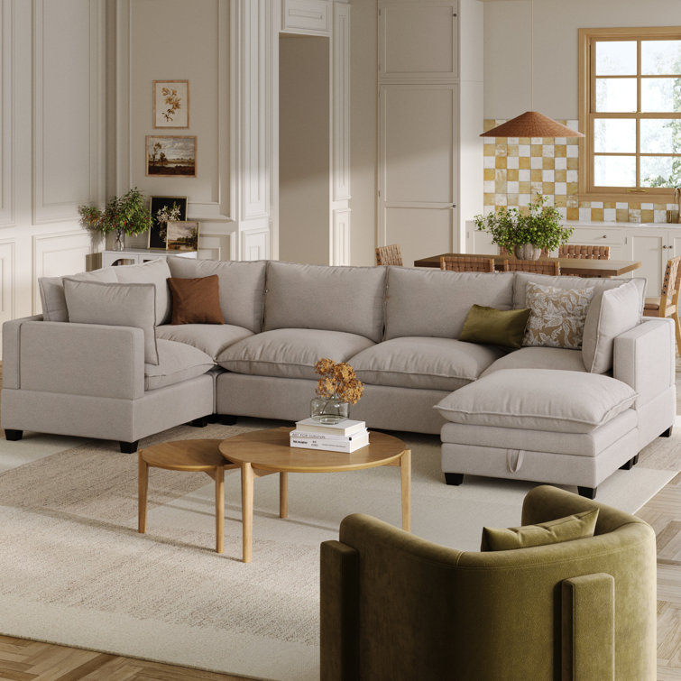 Beige Linen Modular Sectional Sofa with Ottoman and Removable Cushions