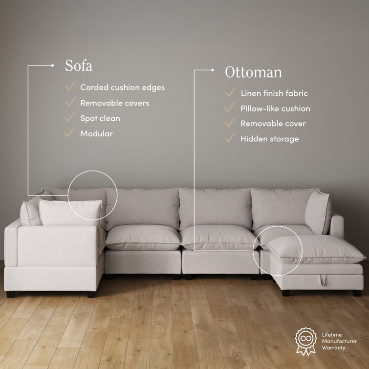Beige Linen Modular Sectional Sofa with Ottoman and Removable Cushions