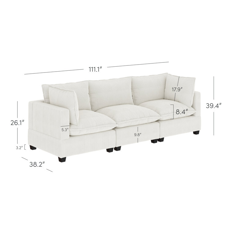 Chelsea White Linen Fabric 111" 3-Seater Sofa with Ottoman