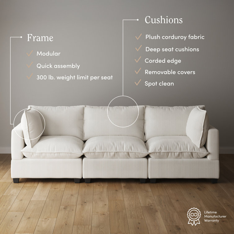 Chelsea White Linen Fabric 111" 3-Seater Sofa with Ottoman